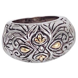 Silver Tone Domed Statement Ring Ornate Boho Scrollwork Wide Band Size 5.25